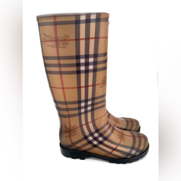 Burberry Nova Check Brown and Gold Plaid Rubber Rain Boots Size 5 - Picture 1 of 8